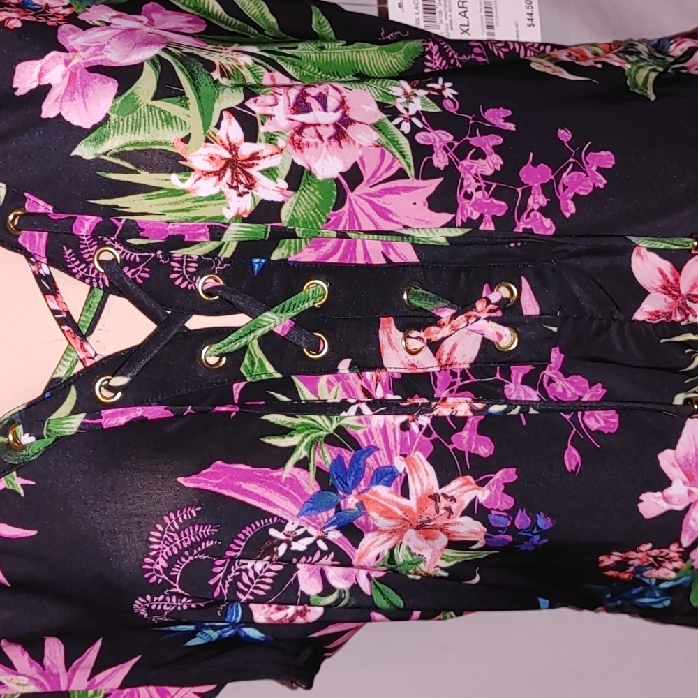INC ruched tie front floral blouse, NEW - Picture 3 of 7